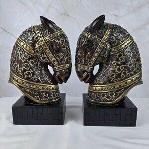 Pair of Horse Head Bookends Brown with Gold Pattern Black Rectangular Base